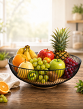 Metal Fruit Basket With Wooden Base, Multipurpose Tabletop Fruit Holder, Countertop Fruit Basket Bowl