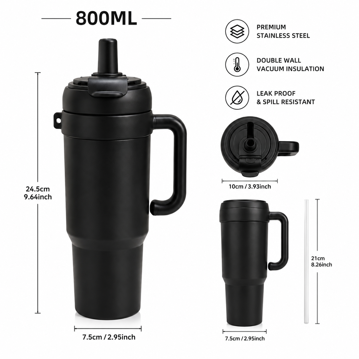 Double Wall Vacuum Tumbler,     Easy Grip Sports Vacuum Tumbler, 800ml Double Wall Vacuum Tumbler