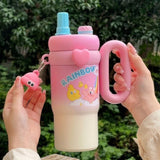 Cute Kawaii Rainbow Insulated Tumbler Sipper With Handle, Leak Proof Stainless Steel Straw Sipper, Easy Grip Vacuum Tumbler