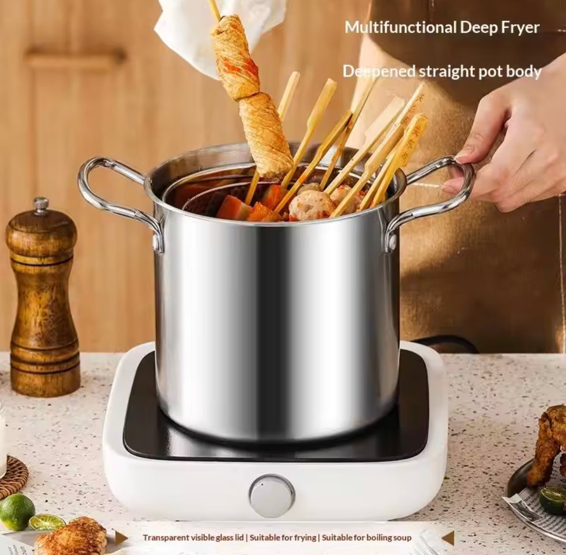 3.5L Deep Fryer Pot With Glass Lid, Stainless Steel Frying Pot With Mesh Steamer Basket, Kitchen Tools