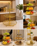 3 Tier Golden Fruit Basket with Rooster Top, Multi Purpose Serving Stand, Golden Rooster Fruit & Snack Organizer, Elegant Food Serving Stand