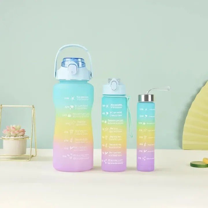 3PCS Motivational Water Bottle Set with Straw & Time Marker – 300ml, 900ml & 2000ml BPA Free Leakproof Bottles