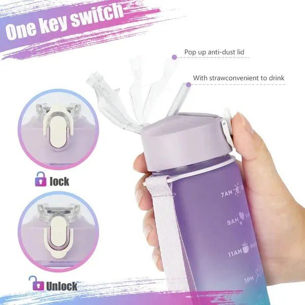3PCS Motivational Water Bottle Set with Straw & Time Marker – 300ml, 900ml & 2000ml BPA Free Leakproof Bottles