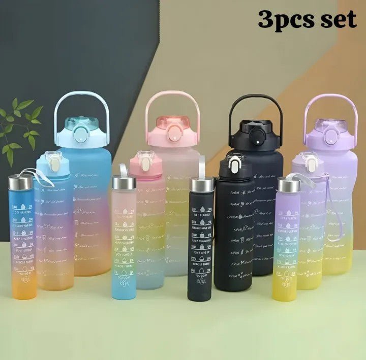 3PCS Motivational Water Bottle Set with Straw & Time Marker – 300ml, 900ml & 2000ml BPA Free Leakproof Bottles