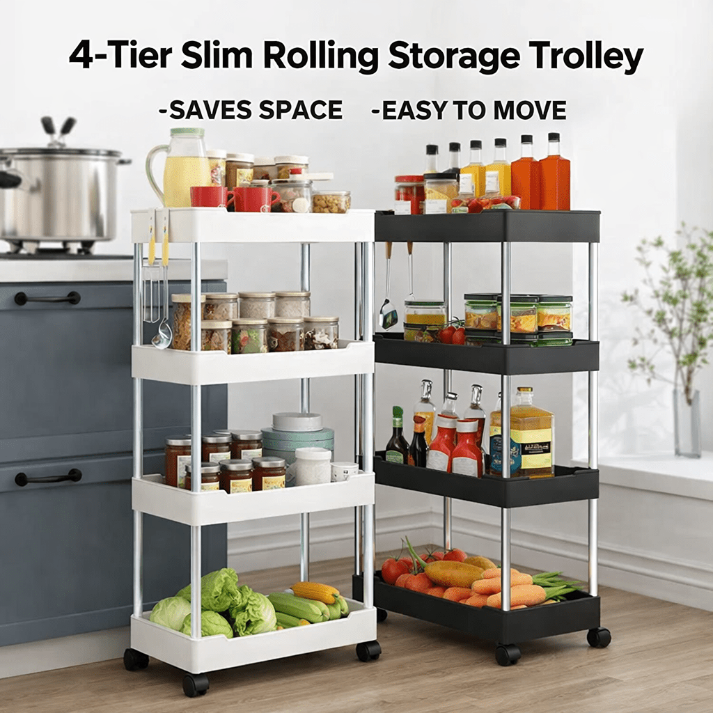4-Tier Slim Rolling Storage Trolley – Space-Saving Organizer Rack