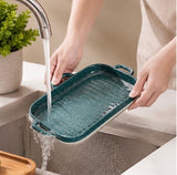 Ceramic Baking And Serving Tray, Deep Ceramic Baking Dish with Side Handles, Heavy Duty Ceramic Baking Tray with Raised Grill Ridges