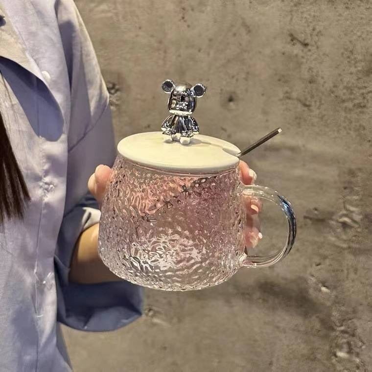 400ml Bear Glass Mug with Lid & Spoon | Cute Textured Crystal Tea & Coffee Cup