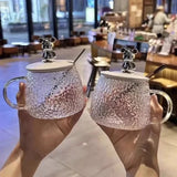 400ml Bear Glass Mug with Lid & Spoon | Cute Textured Crystal Tea & Coffee Cup