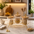 Luxury Glass Storage Jar Set With Gold Stand, Luxury Countertop Glass Canister Set, Premium 3 Piece Glass Storage Jar Set