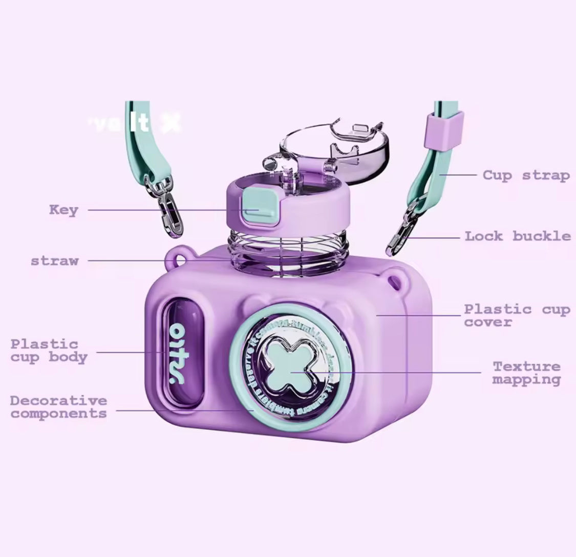 Camera Shape 600ml Water Bottle, Kids School Straw Water Cup with Shoulder Strap, Large Capacity Straw Drinking Cup, Kids Water Bottle