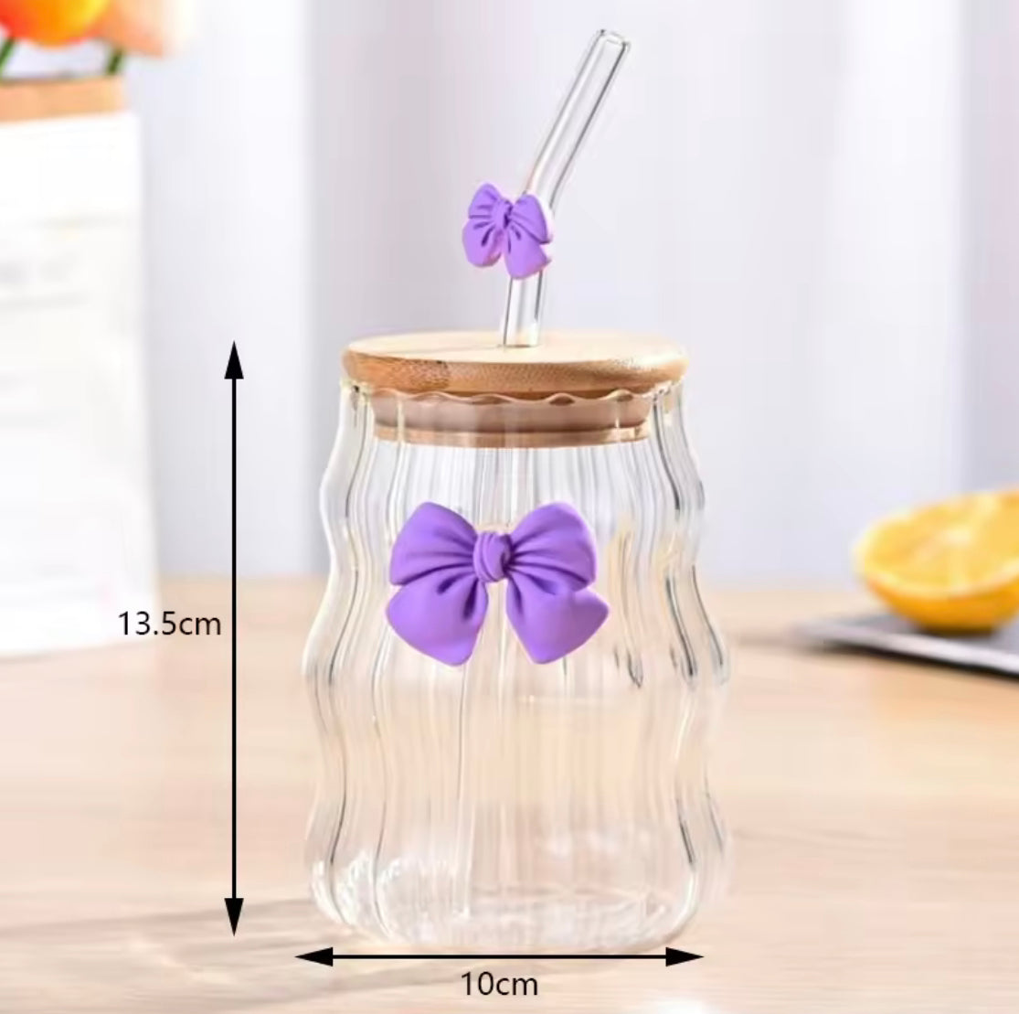Bow Coffee Glass Mug, High Borosilicate Glass Cloud Cup, Wooden Lid Glass Mug With Straw