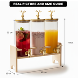 Triple Juice Dispenser With Gold Deer Lid, Glass Drink Dispenser With Wooden Stand, Luxury Beverage Station With Taps