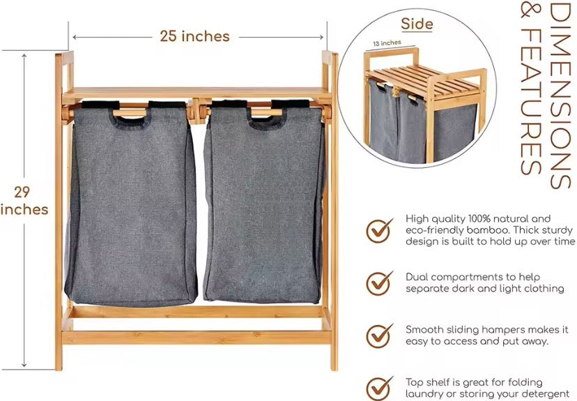 Bamboo Laundry Hamper With Shelf, Dual Compartments Laundry Basket, Multipurpose Storage Rack With Laundry Bags