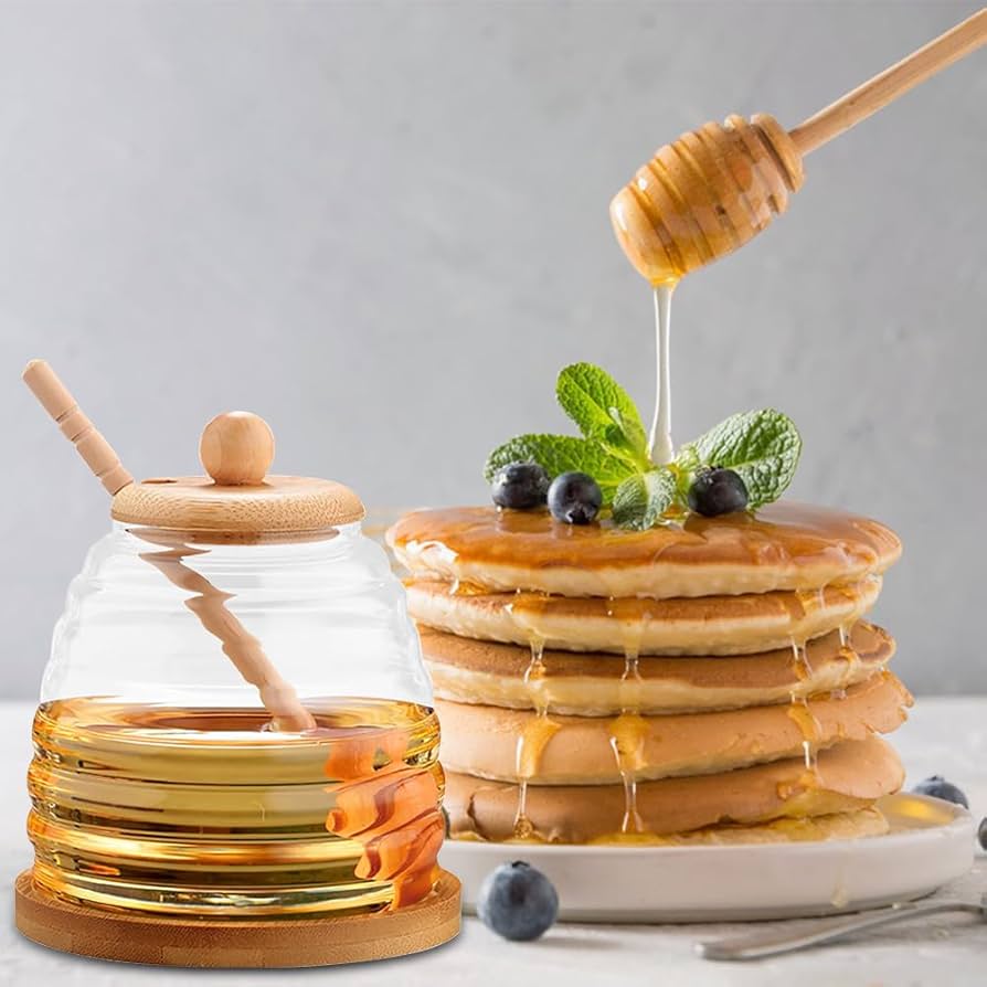 Glass Honey Pot With Spoon, Honey Jar With Wooden Lid, Solid Glass Honeycomb Tank, Honey Pot Dispenser With Lid