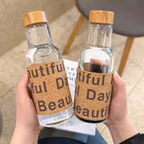 Leather Sticker Water Bottle, Marimekko Oiva Drinking Bottle, 450ml Retro Glass High-value Coffee Bottle, High Temperature Resistant Portable Water Glass Bottle