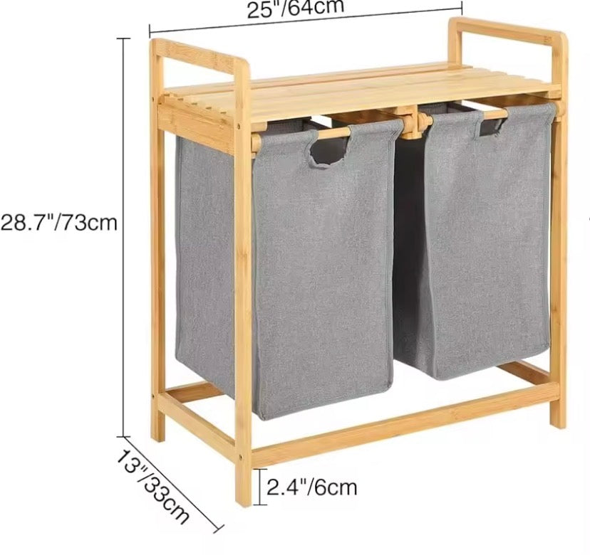 Bamboo Laundry Hamper With Shelf, Dual Compartments Laundry Basket, Multipurpose Storage Rack With Laundry Bags