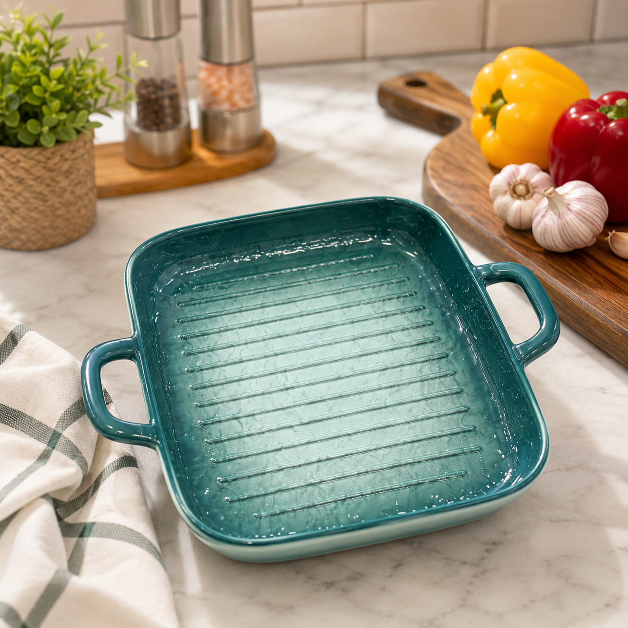 Ceramic Baking And Serving Tray, Deep Ceramic Baking Dish with Side Handles, Heavy Duty Ceramic Baking Tray with Raised Grill Ridges