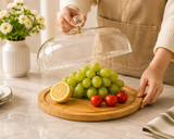 Transparent Cake Display Dome with Wooden Stand, Round Glass Food Display Cover, Decorative Glass Cloche, Food Display Cloche with Wooden Serving Tray