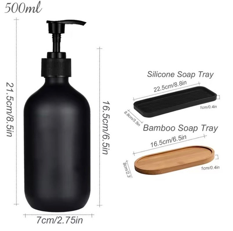 2pcs Bathroom Hand Soap Dispenser With Bamboo Tray, Kitchen Dish Soap Dispenser, Empty Facial Cleanser Refillable Bottle, Hand Sanitizer Press Subpack Bottle