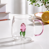 Elegant 3D Rose Glass Coffee Mug, Vintage Floral Glass Coffee Mug, Pink Floral Borosilicate Glass Mug, Floral Crystal Glass Mug with Pink Handle