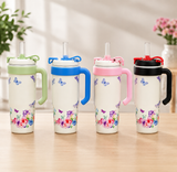 Insulated Vacuum Floral Tumbler with Handle, 1000ml Leak Proof Stainless Steel Travel Water Bottle, Floral Thermos Tumbler with Straw & Handle