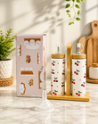 2pcs Ceramic Oil And Vinegar Dispenser Set, Cherry Print Ceramic Oil Dispenser with Bamboo Stand, Oil Vinegar Cruet Set Bamboo Holder