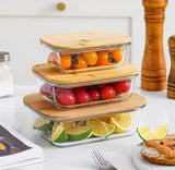 Set of 3 High Borosilicate Glass Bamboo Lunch Box, Heat Resistant Food Storage Containers With Lid, Food Storage Containers
