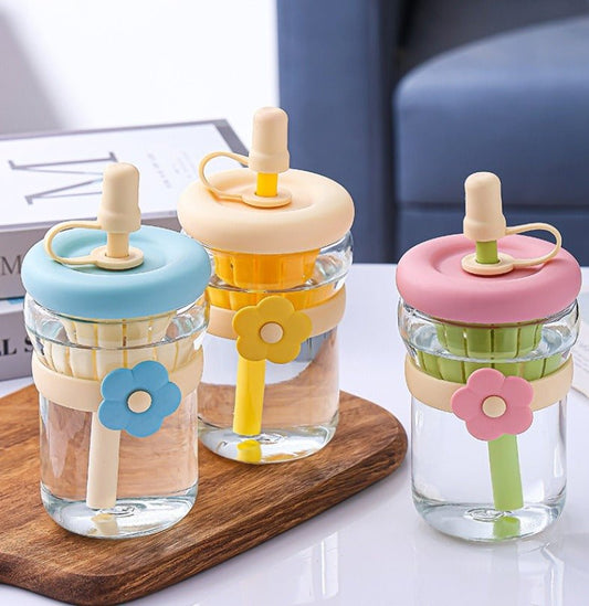 500ml Flower Design Glass Tumbler – Water & Tea Cup with Straw | Cute Office Drinking Bottle