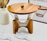 Wooden Stand Glass Salad Bowl, Luxury Glass Salad Serving Bowl, Elegant Glass Salad Bowl With Wooden Base