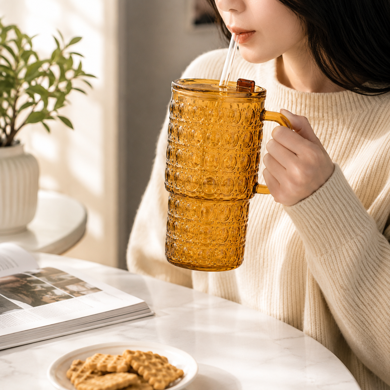 Durable Transparent Glass Water Cup With Handle, Diamond Pattern Glass Drinking Cup, Portable Large Capacity Glass Straw Cup