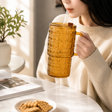 Durable Transparent Glass Water Cup With Handle, Diamond Pattern Glass Drinking Cup, Portable Large Capacity Glass Straw Cup