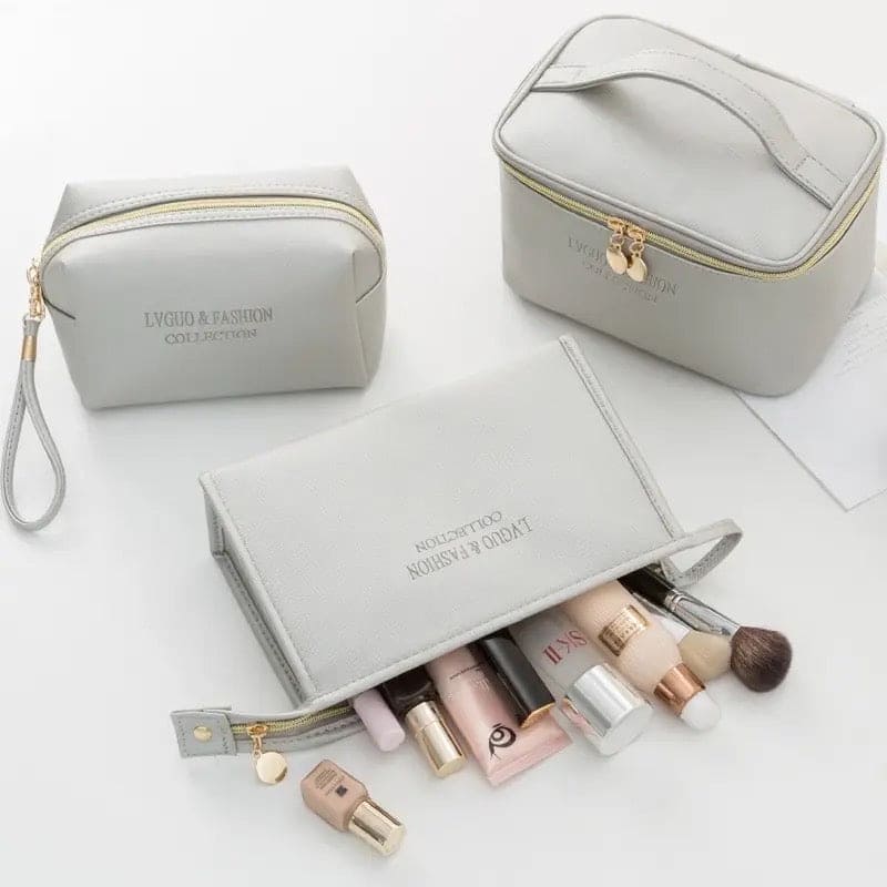 Set Of 3 Female Leather Makeup Pouch, Cute Preppy Makeup Bag, Multifunction Women Cosmetic Bag, Travel Toiletry Storage Organize Handbag, Waterproof Female Makeup Case, PU Leather Zipper Make Up Bag, Soft Leather Makeup Bag