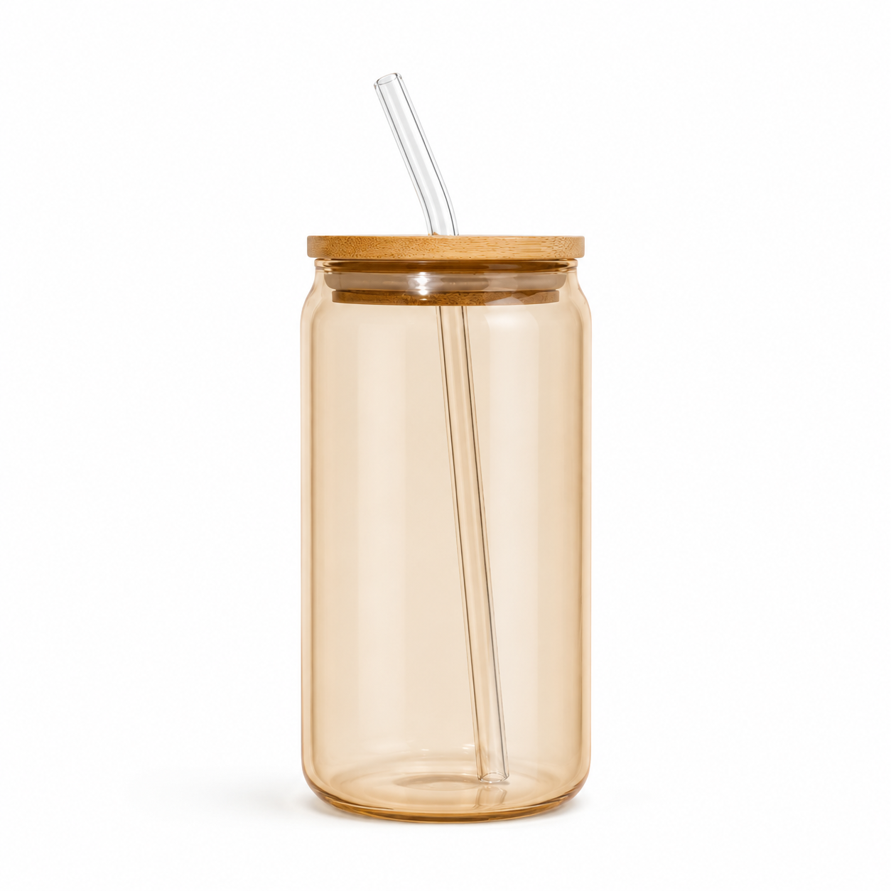 Brown Glass Tumbler with Wooden Lid & Glass Straw 550ml