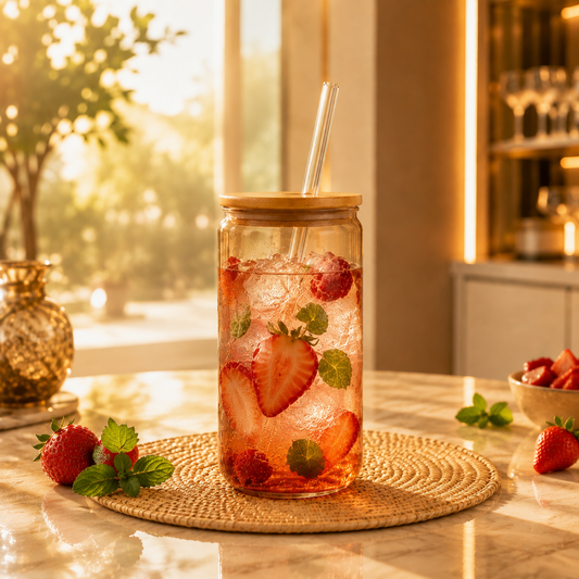 Brown Glass Tumbler with Wooden Lid & Glass Straw 550ml