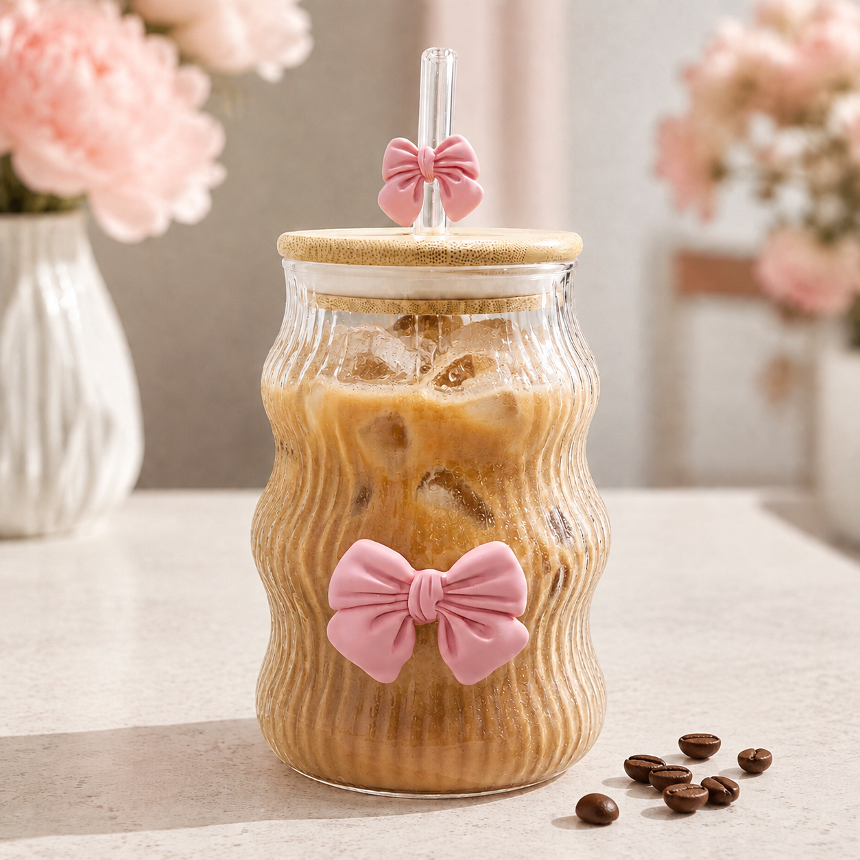 Ribbed Bow Glass Tumbler with Wooden Lid & Glass Straw 550ml
