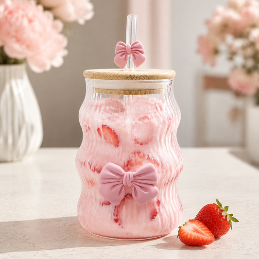 Ribbed Bow Glass Tumbler with Wooden Lid & Glass Straw 550ml