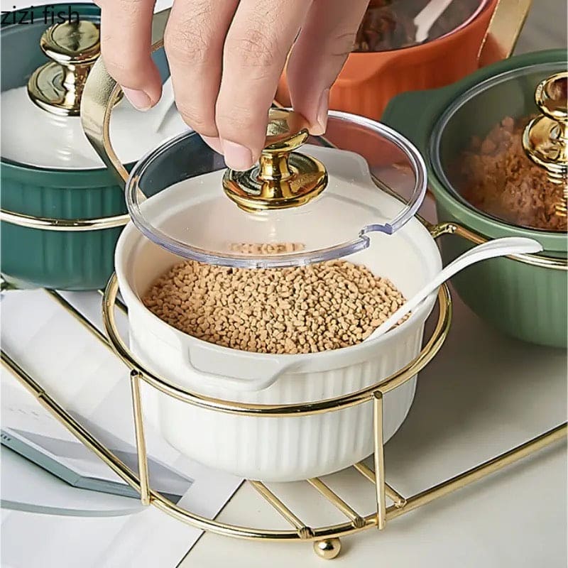 Set of 4 Acrylic Spice Jar Set With Metal Stand, Multifunctional Condiment Box, Household Seasoning Storage Box, Spice Container Kitchen Gadgets, Iron Bracket Spice Organizer With Lid And Spoon