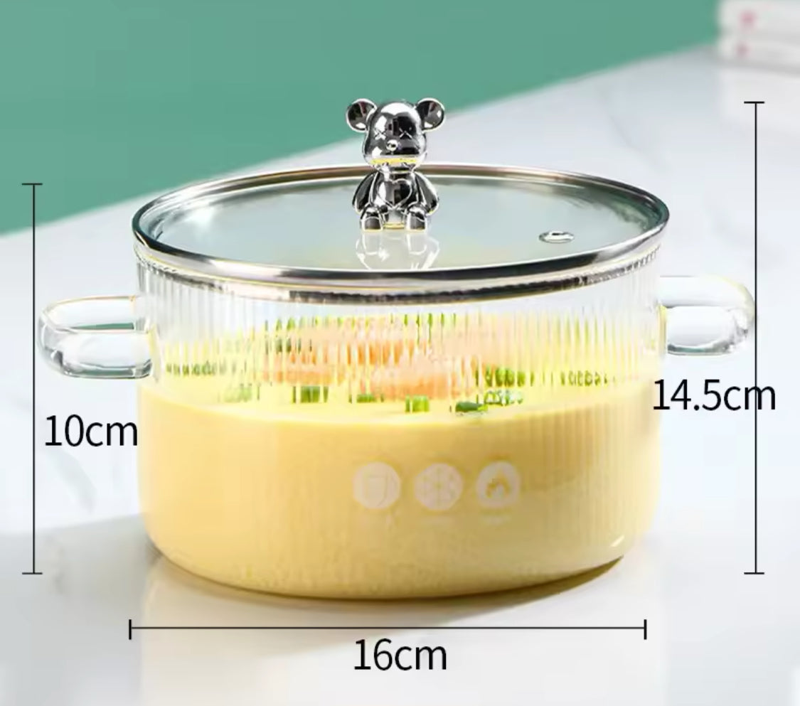 Bear Glass Cooking Pot, Large Capacity High Borosilicate Glass Clear Cooking Pot, Heat Resistant Sauce Pan