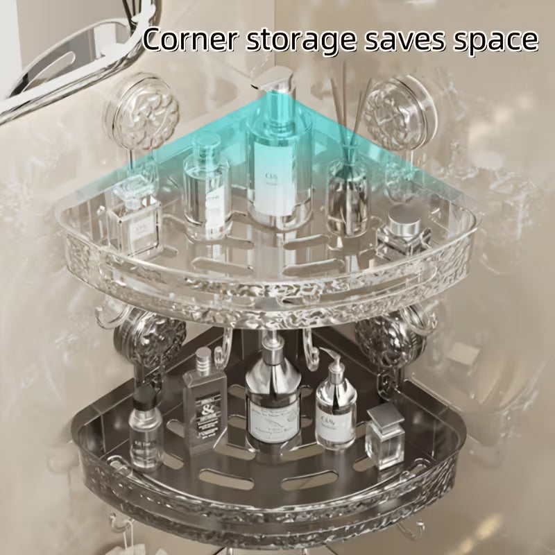 Transparent Corner Shower Shelf with Suction Cups – No Drill Bathroom Storage Rack with Hooks