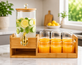 Tabletop Glass Beverage Dispenser with 6 Glass Cups, 2.2 Litres Glass Beverage Dispenser with Bamboo Stand, Bamboo Beverage Dispenser Station with Glasses