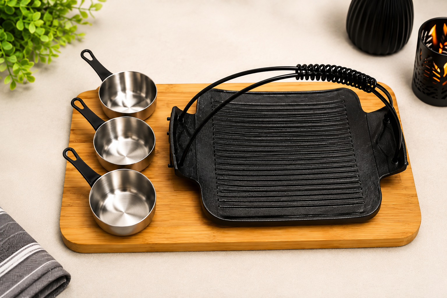 Tabletop Steak Grill Plate with Bamboo Serving Board, 
Korean BBQ Grill Plate Set With Sauce Cups, Steak Grill Plate with Bamboo Tray And Sauce Cups, Portable Korean BBQ Grill Pan Serving Set