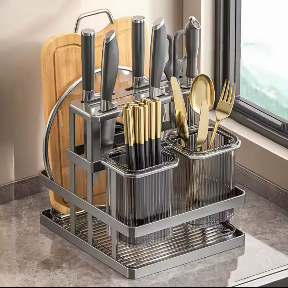 Wall Mounted Cutlery Organizer, Cutlery Organizer With Drain Shelf, Metal Drain Storage Rack