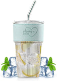 600ml Embossed Glass Cup with Lid & Straw | Insulated Holder | Perfect for Juice, Iced Coffee & Smoothies