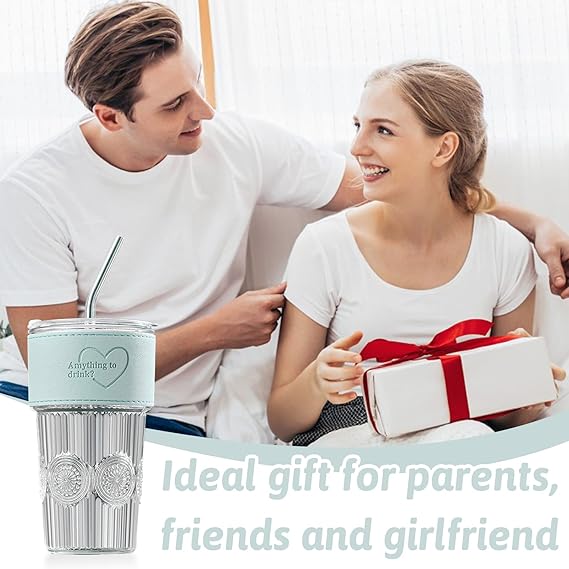 600ml Embossed Glass Cup with Lid & Straw | Insulated Holder | Perfect for Juice, Iced Coffee & Smoothies