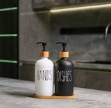 2pcs Bathroom Hand Soap Dispenser With Bamboo Tray, Kitchen Dish Soap Dispenser, Empty Facial Cleanser Refillable Bottle, Hand Sanitizer Press Subpack Bottle