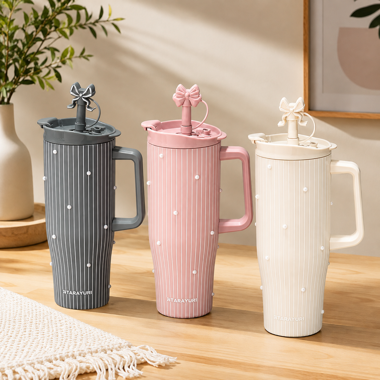 PearlMist 40oz Insulated Tumbler,     Cute Ribbon Style Thermal Cup, Large Capacity Aesthetic Water Cup with Handle