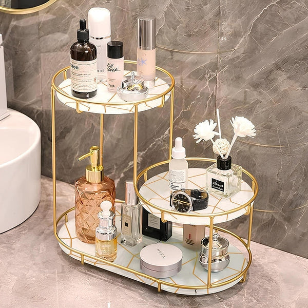 3-Tier Golden Vanity Stand – Elegant Makeup & Jewelry Organizer