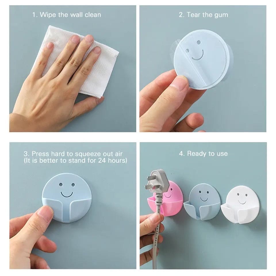 Round Smiley Plug Holder, Lovely Smiley Hook, Nail-free Hook Hanger, New Wall Storage Plug Hook, Creative Multifunction Plug Hook, Strong Traceless Hook, Power Cord Holder Storage Hook
