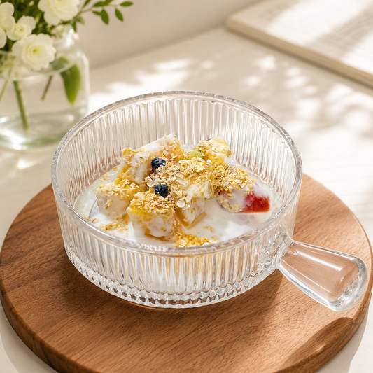 Elegant Ribbed Glass Bowl With Handle, Tableware Glass Salad Bowl, Transparent Glass Food Bowl,     Ribbed Glass Yogurt & Dessert Bowl