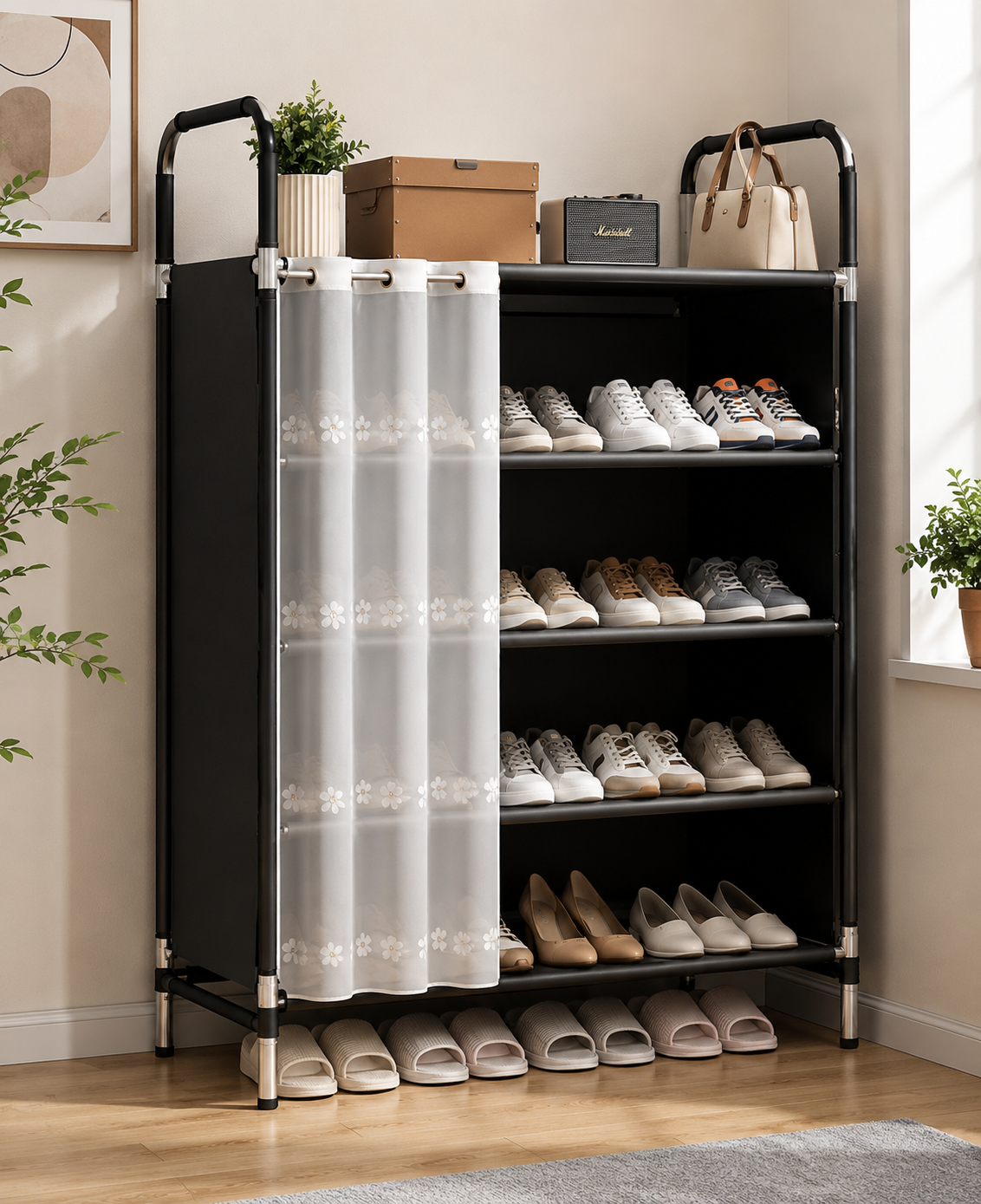 Dustproof Shoe Organizer Shelf with Sliding Curtain Door, Multi Tier Shoe Storage Cabinet, Space Saving Shoe Shelf, Dustproof Shoe Rack Organizer with Side Cover